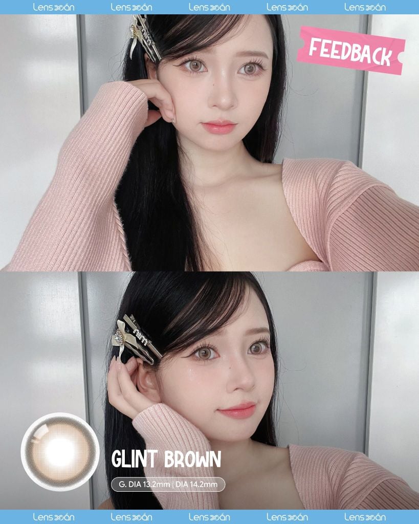Lens GLINT BROWN OLOLA nâu cát lạnh beige giãn nhẹ G.DIA 13.2mm viền đen sắc nét