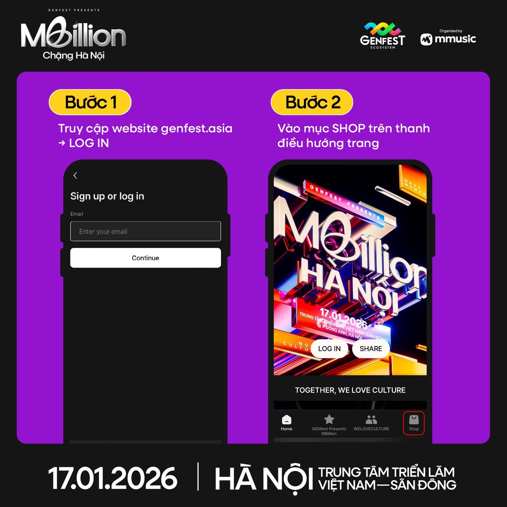 Poster thông báo GENfest Presents MBILLION Hà Nội 17.01.2026 – thông tin vé và hướng dẫn mua vé