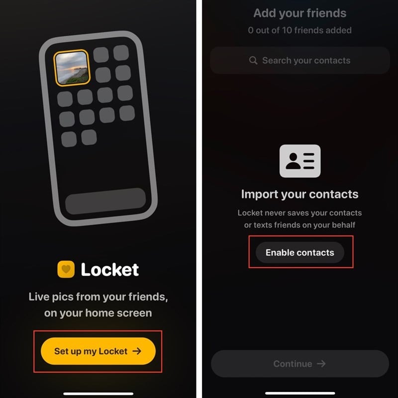 Cấp quyền và enable contacts cho Locket Widget