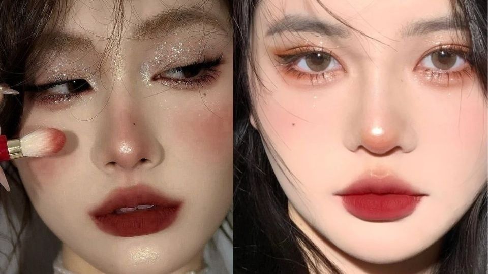 Makeup Douyin đặc trưng: nền căng bóng, mắt búp bê, môi trái tim