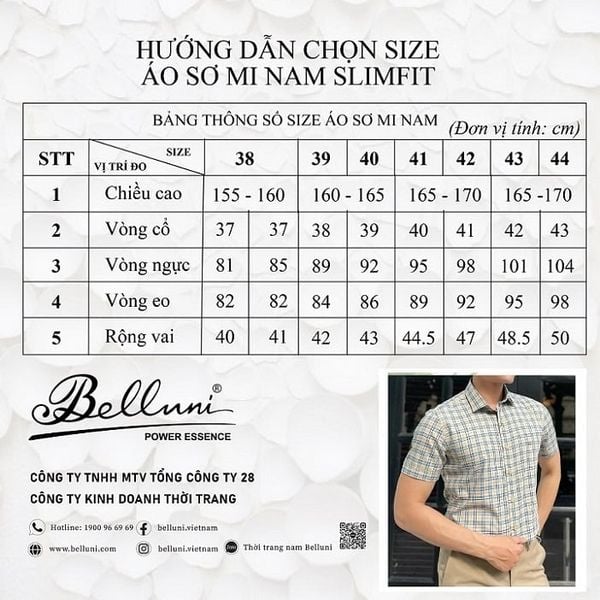 Bảng quy đổi size áo sơ mi tay ngắn Slim fit - Belluni