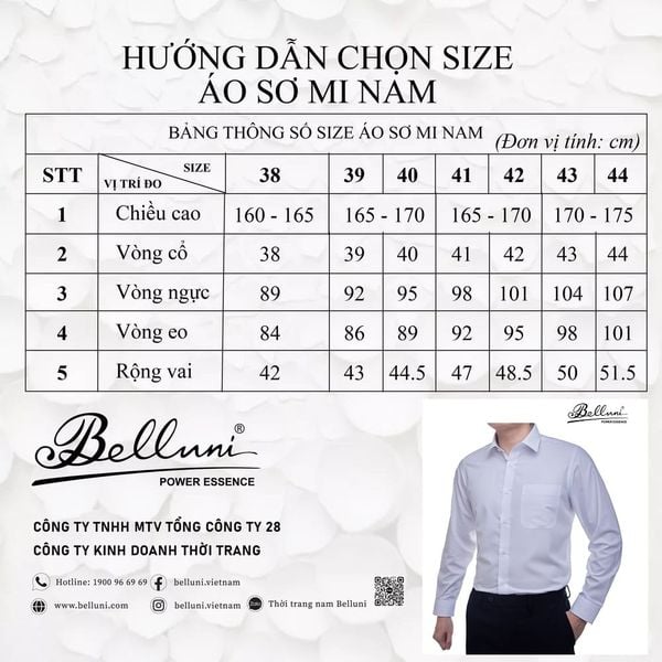 Bảng quy đổi size áo sơ mi tay dài Regular fit - Belluni