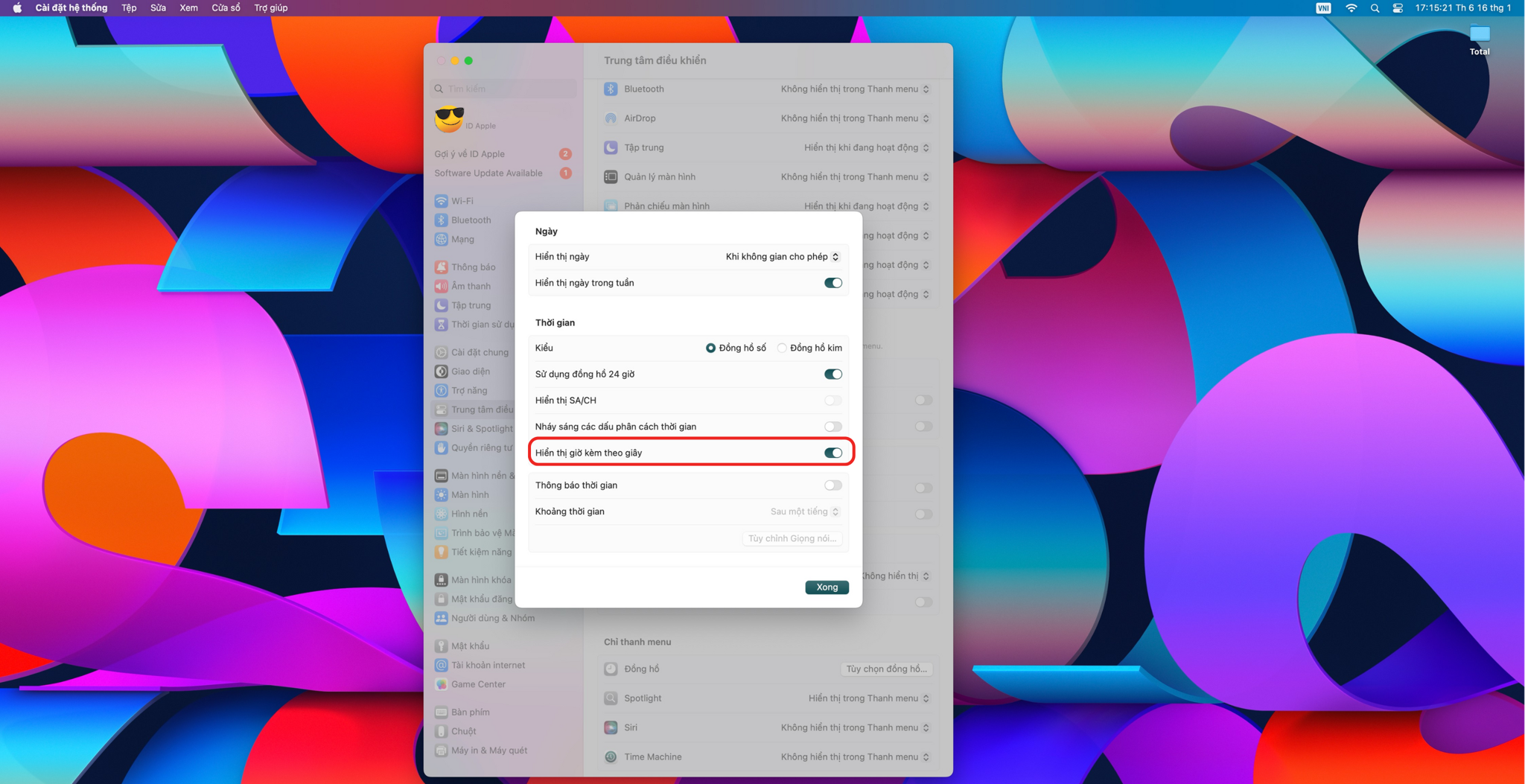 Cài đặt hiển thị giờ kèm dây trên MacBook Air và MacBook Pro