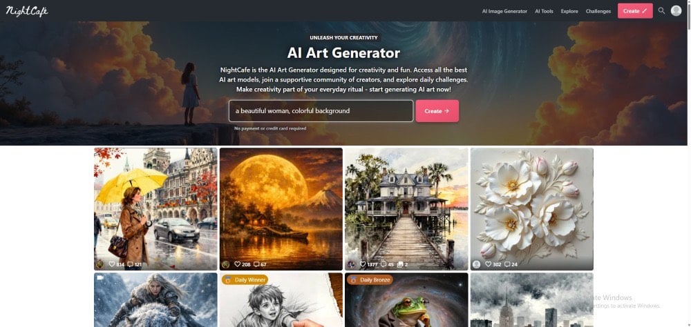 Giao diện công cụ AI tạo hình ảnh từ văn bản Nightcafe