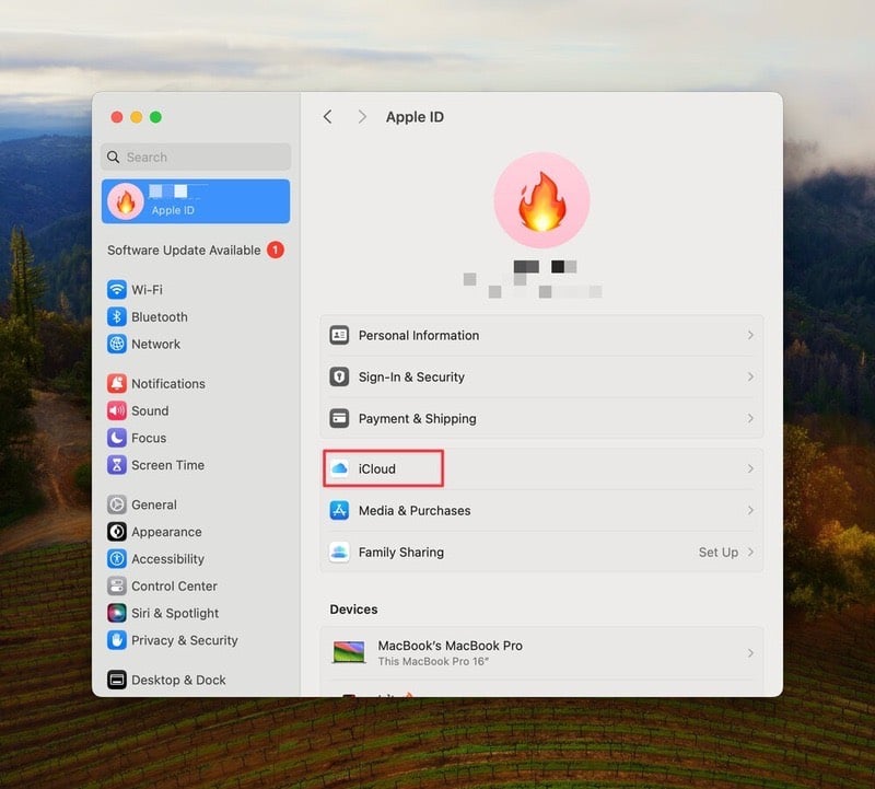 Trong Apple ID chọn iCloud