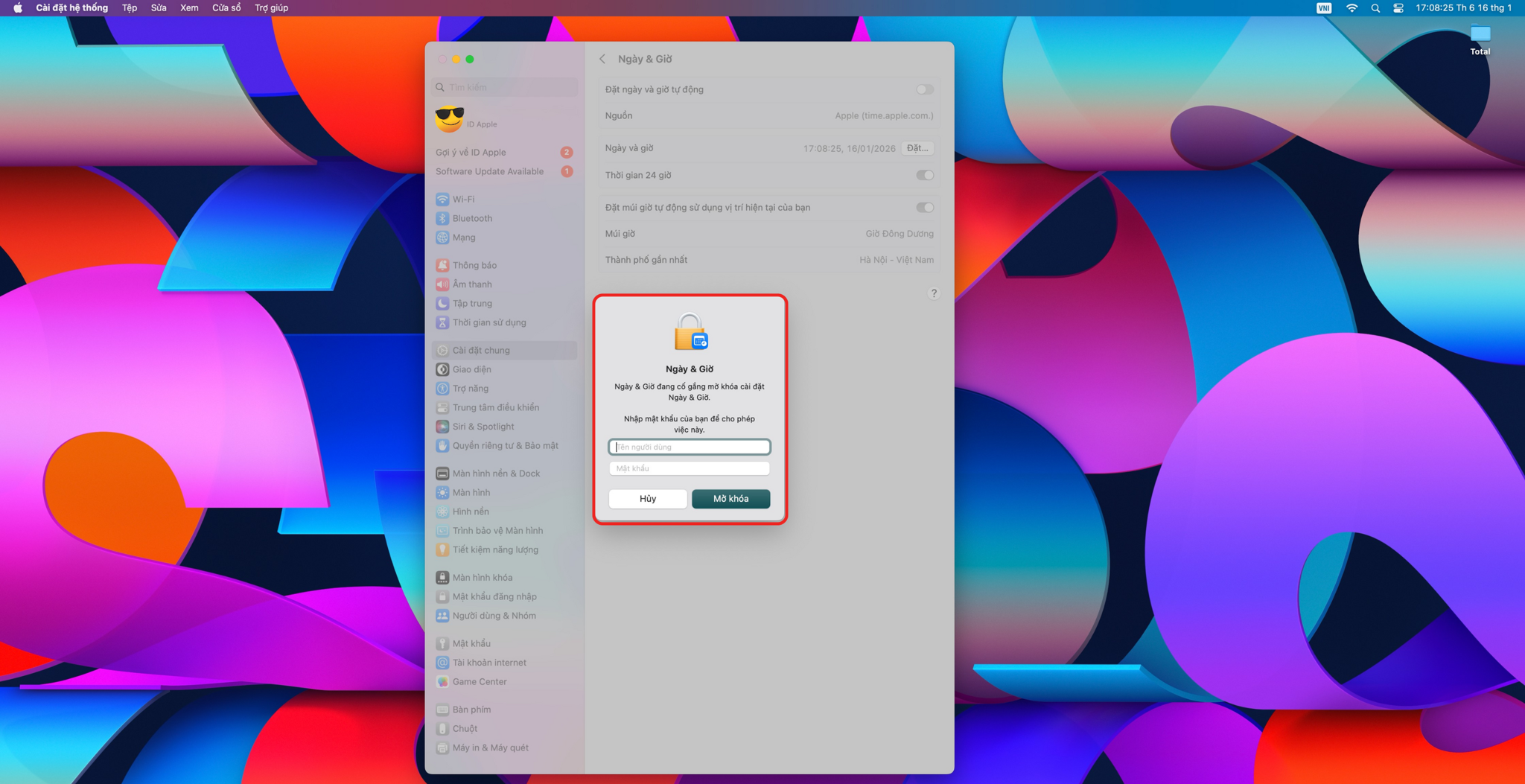 Nhập mật khẩu để cài đặt ngày và giờ trên MacBook