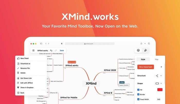 Ứng dụng XMind trên macOS cho phép tạo sơ đồ tư duy và đính kèm thông tin chi tiết