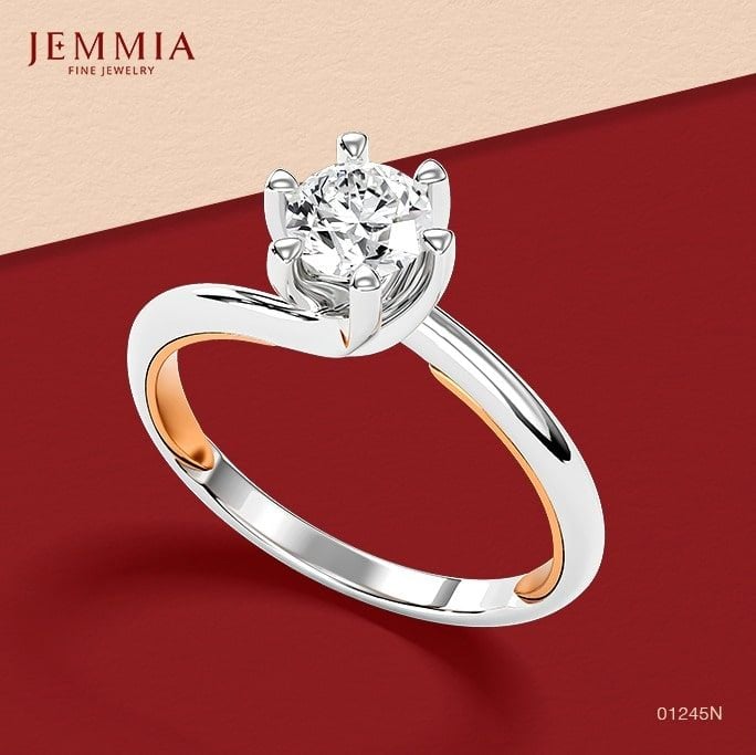 Vỏ Nhẫn Kim Cương Tự Nhiên Nữ - RIFYJ2300651 dáng solitaire sang trọng, thiết kế vàng trắng kết hợp vàng hồng đính kim cương tròn lấp lánh với 6 chấu chắc chắn