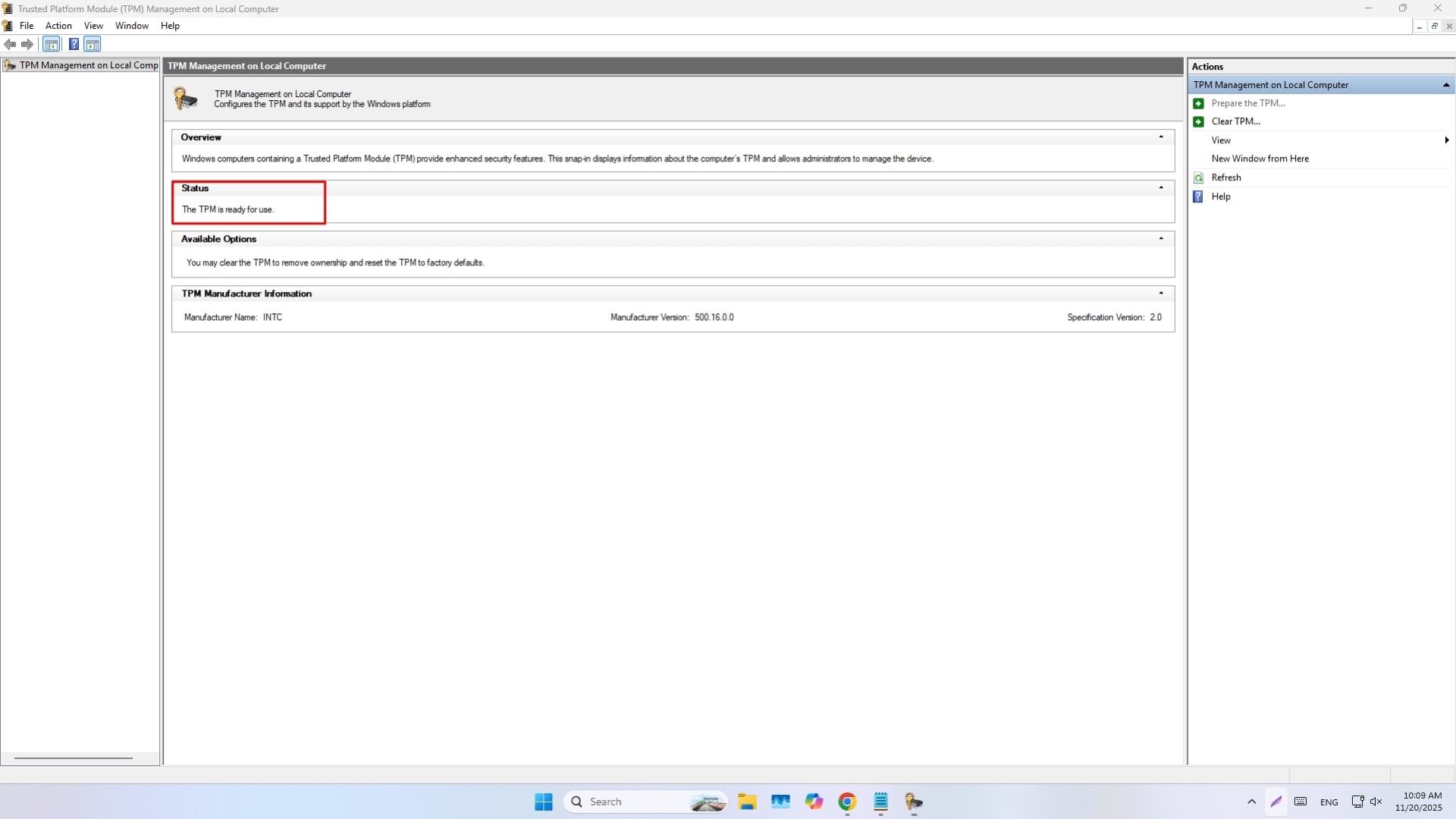 Sử dụng công cụ Windows để xác nhận TPM đã bật