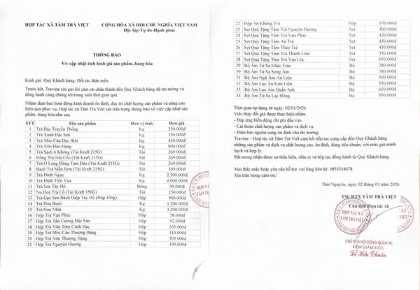 THỐNG BÁO ĐIỀU CHỈNH GIÁ BÁN  2026