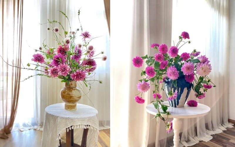 Bình hoa thược dược chưng bàn thờ ngày Tết hút tài lộc