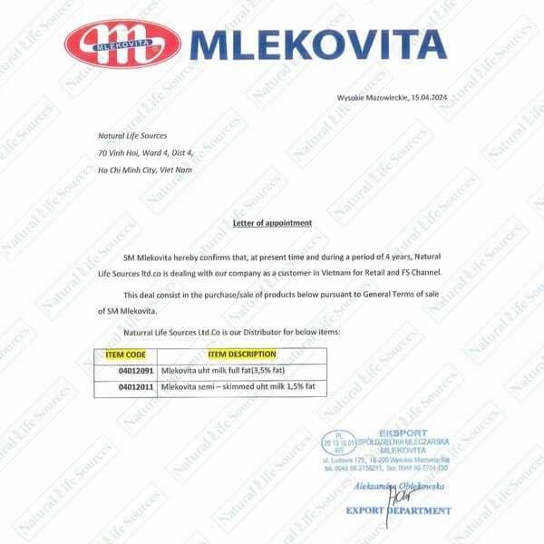 Giay chung nhan nhap khau sua tuoi Mlekovita