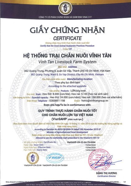 CHỨNG NHẬT VIETGAP CỦA HỆ THỐNG TRANG TRẠI CHĂN NUÔI VĨNH TÂN