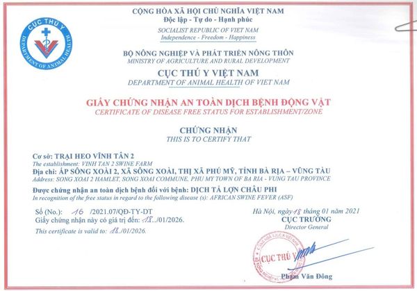 CHỨNG NHẬN AN TOÀN ĐỐI VỚI DỊCH TẢ LỢN CHÂU PHI