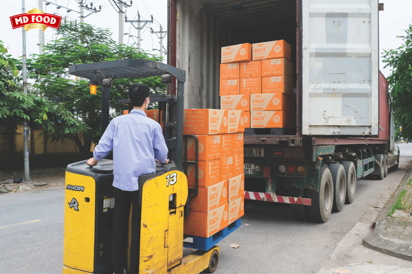 Hoạt động bốc xếp các kiện hàng Ngô nếp tươi sấy COGY lên xe container tại nhà máy Minh Dương MD Food để chuẩn bị xuất khẩu sang thị trường nước ngoài.