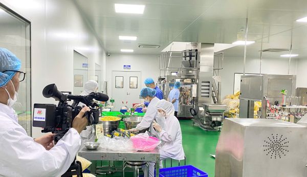 Toàn cảnh dây chuyền đóng gói khép kín tại nhà máy MD Food với các công nhân thao tác đóng gói ngô sấy COGY.