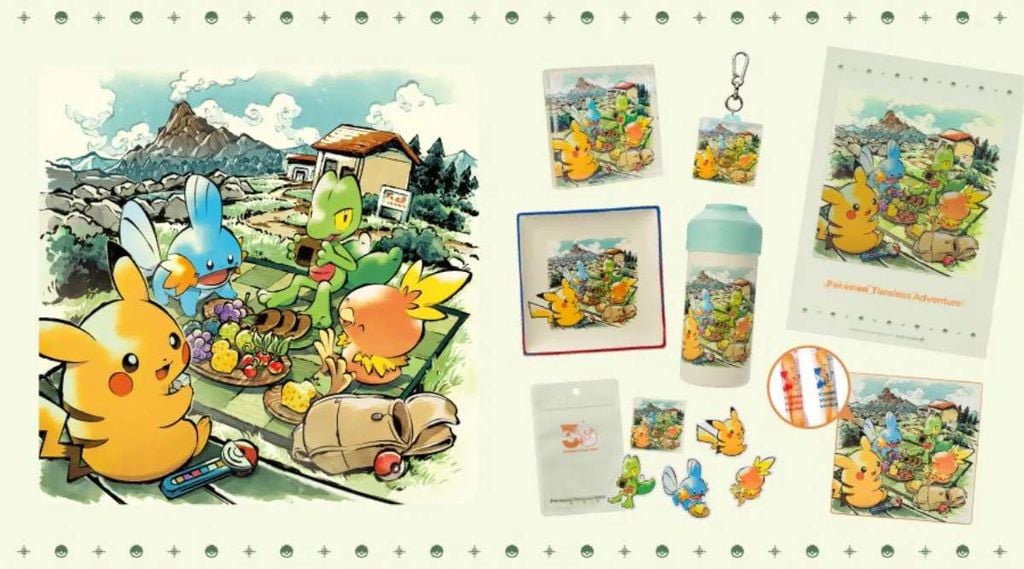 Key visual chính thức Pokémon Timeless Adventure Hoenn - Pikachu, Treecko, Torchic và Mudkip đang picnic ăn berries và Lava Cookie tại vùng Hoenn