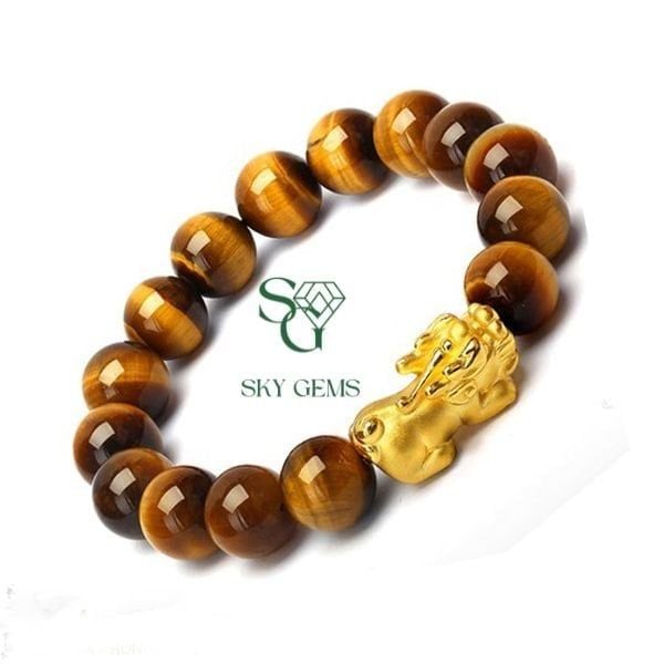Vòng tay mắt hổ charm tỳ hưu vàng hợp mệnh Thổ