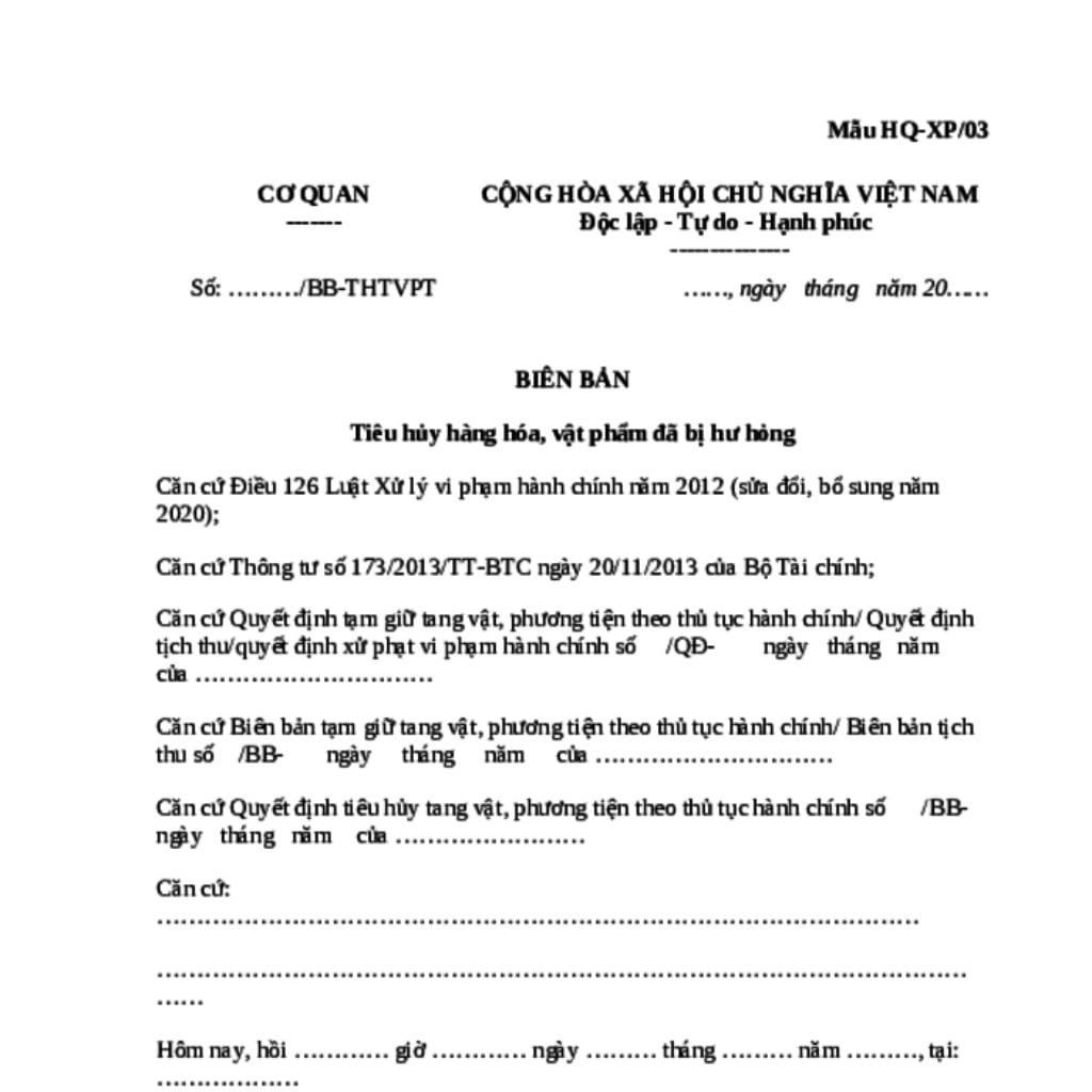 Mẫu biên bản hủy hàng hỏng chuẩn pháp lý