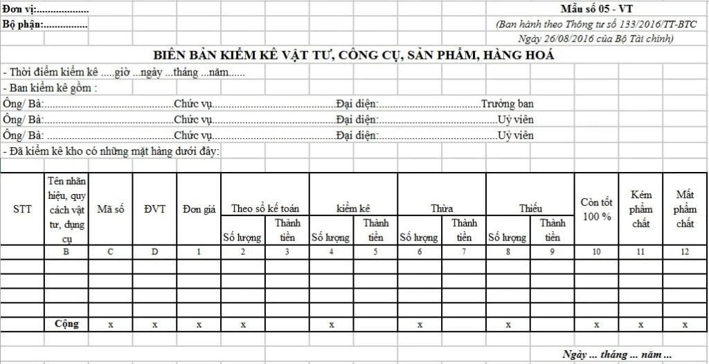 Biên bản kiểm kê vật tư, công cụ, sản phẩm, hàng hóa.