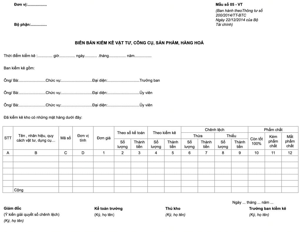 Biên bản kiểm kê vật tư