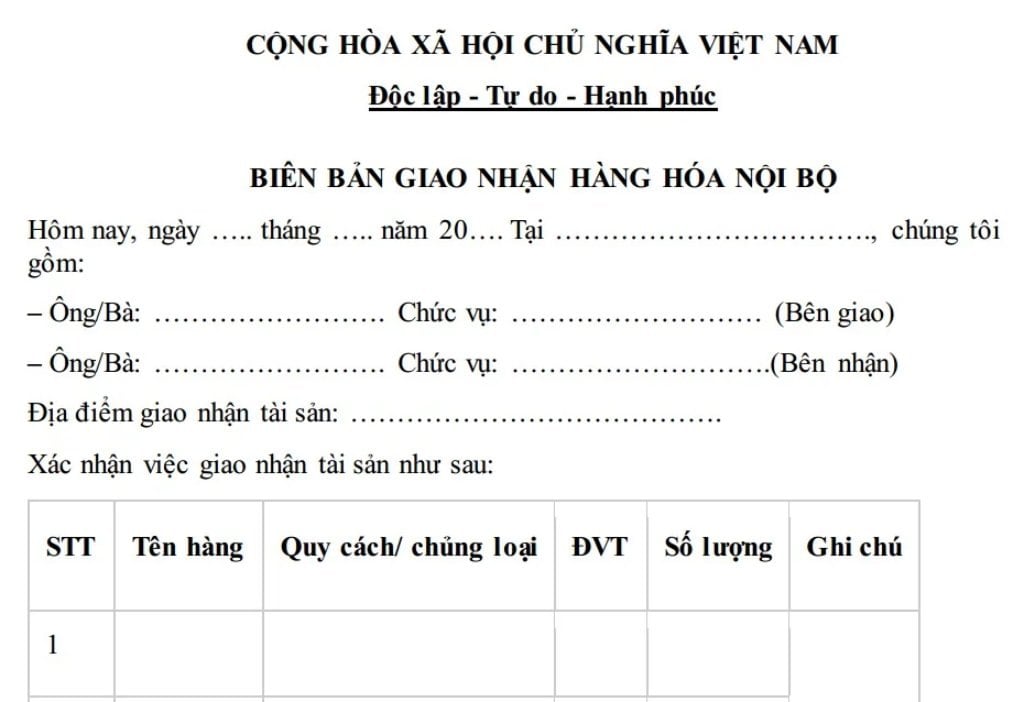 Biên bản giao nhận hàng hóa kiêm phiếu xuất kho nội bộ