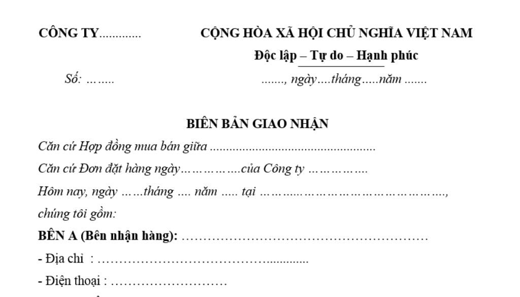 Biên bản giao nhận hàng hóa vận chuyển giữa người bán và người mua