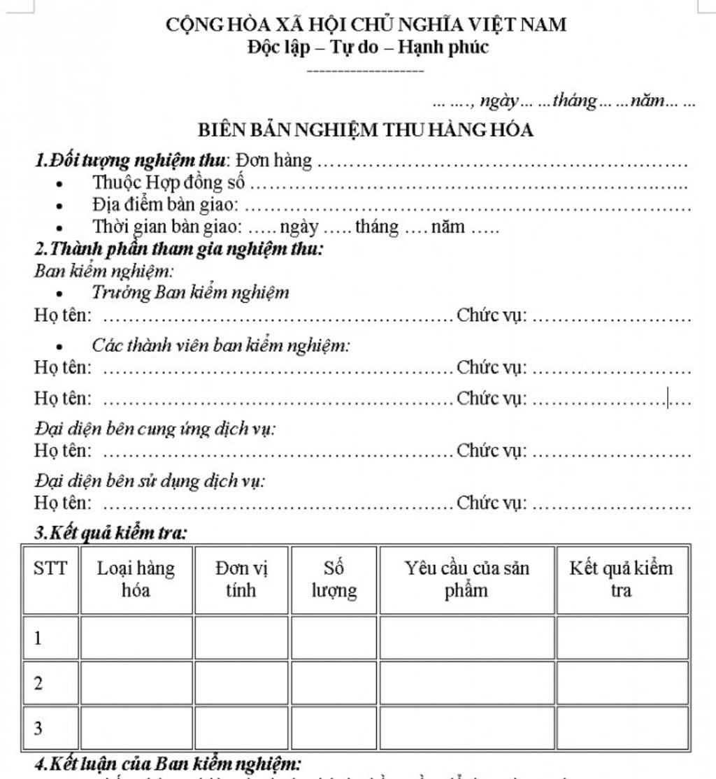 Mẫu biên bản giao nhận hàng hoá nghiệm thu