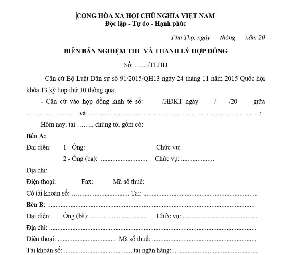 Mẫu biên bản nghiệm thu và thanh lý hợp đồng