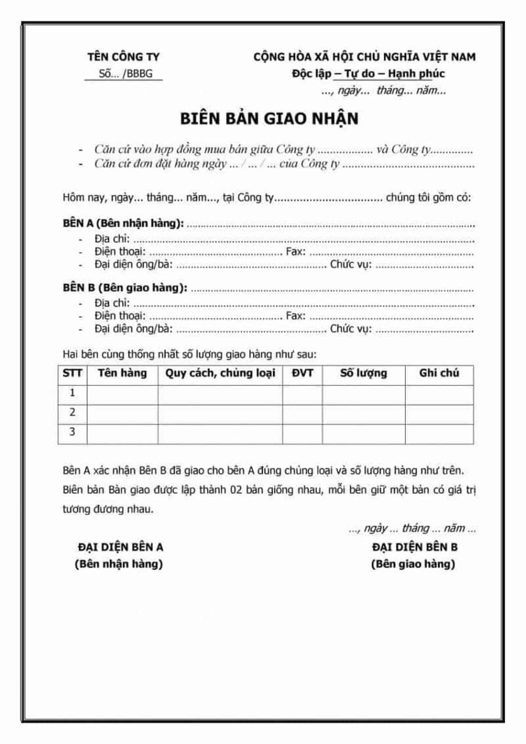 Mẫu biên bản nghiệm thu hàng hoá giao nhận thành công