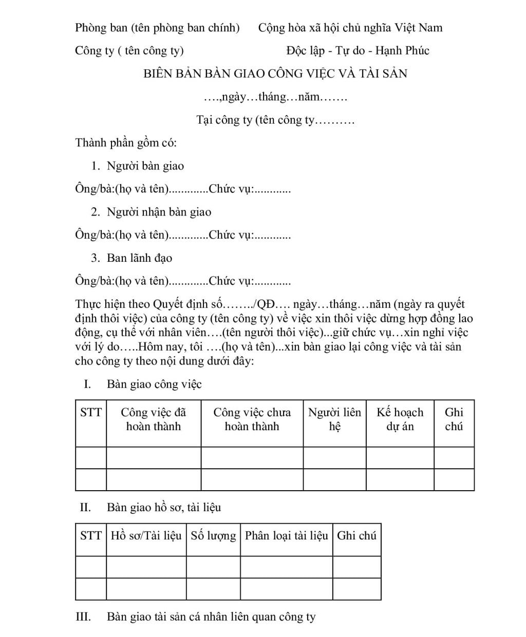 Mẫu biên bản nghiệm thu bàn giao công việc tài sản trước nghỉ việc