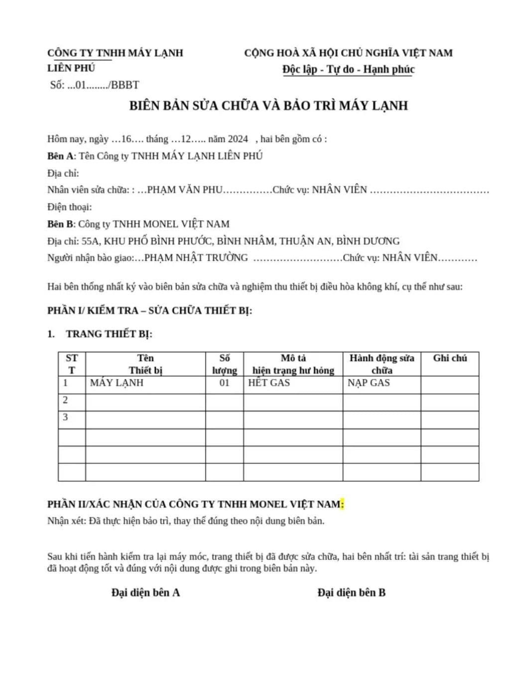 Mẫu biên bản nghiệm thu sau sửa chữa sản phẩm
