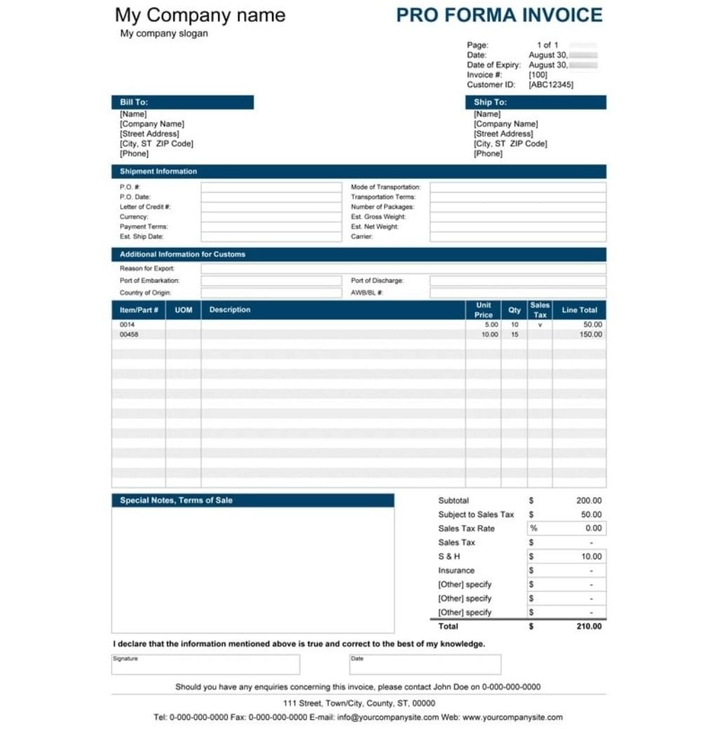 Proforma Invoice mẫu 1