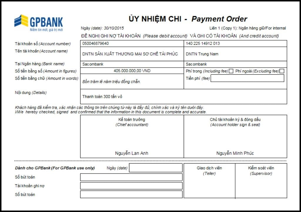 Ủy nhiệm chi có thông tin người gửi, người nhận, số tiền,...