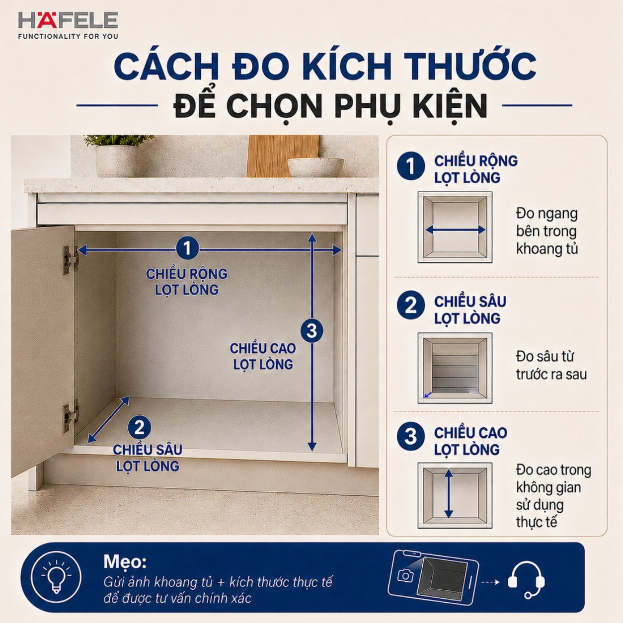 Cách đo kích thước để chọn phụ kiện tủ bếp Hafele