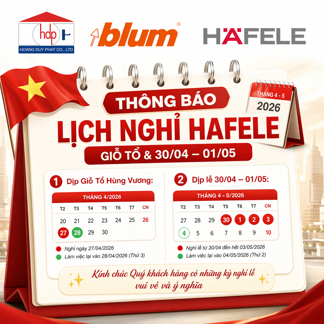 hafele hoàng duy phát thông báo lịch nghỉ lễ giỗ tổ hùng vương và 30 tháng 4 và ngày 1 tháng 5