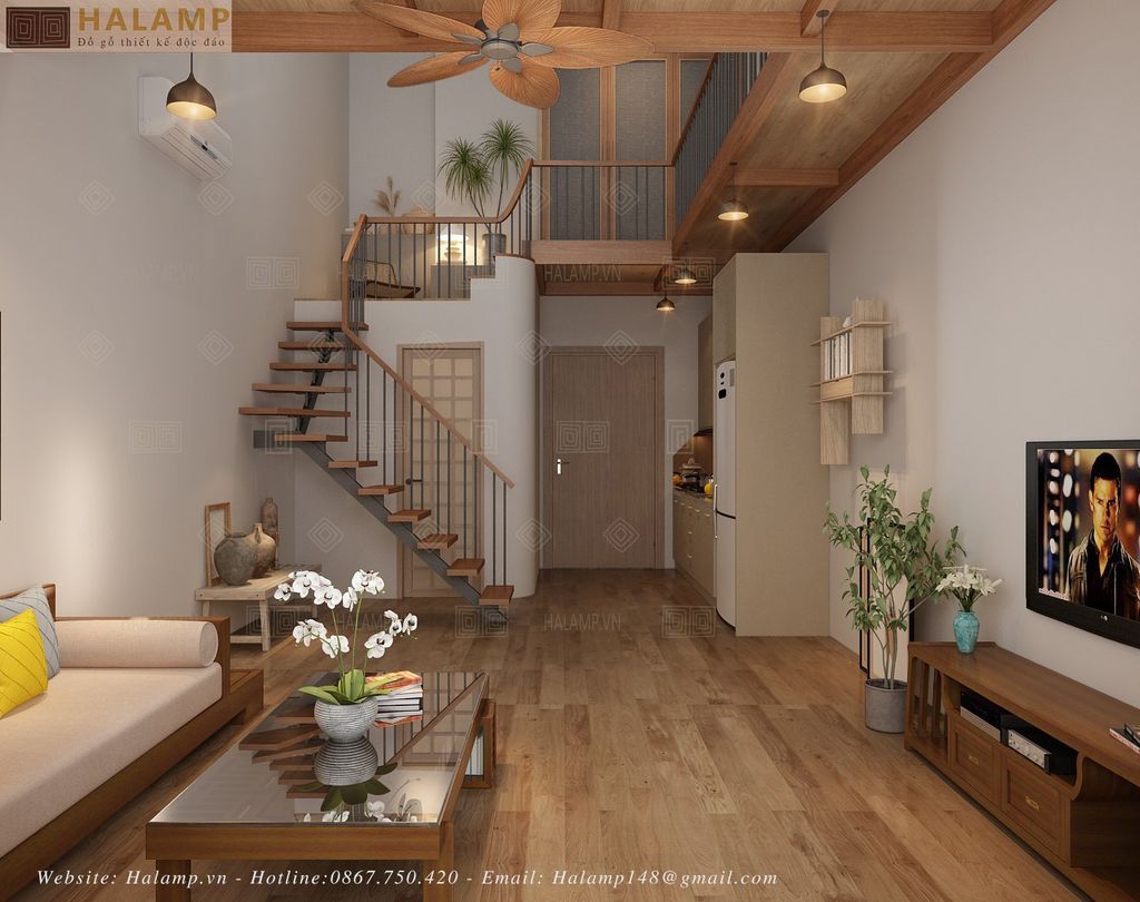 Góc nhìn từ vị trí phòng khách ra khu vực bếp và cửa chính