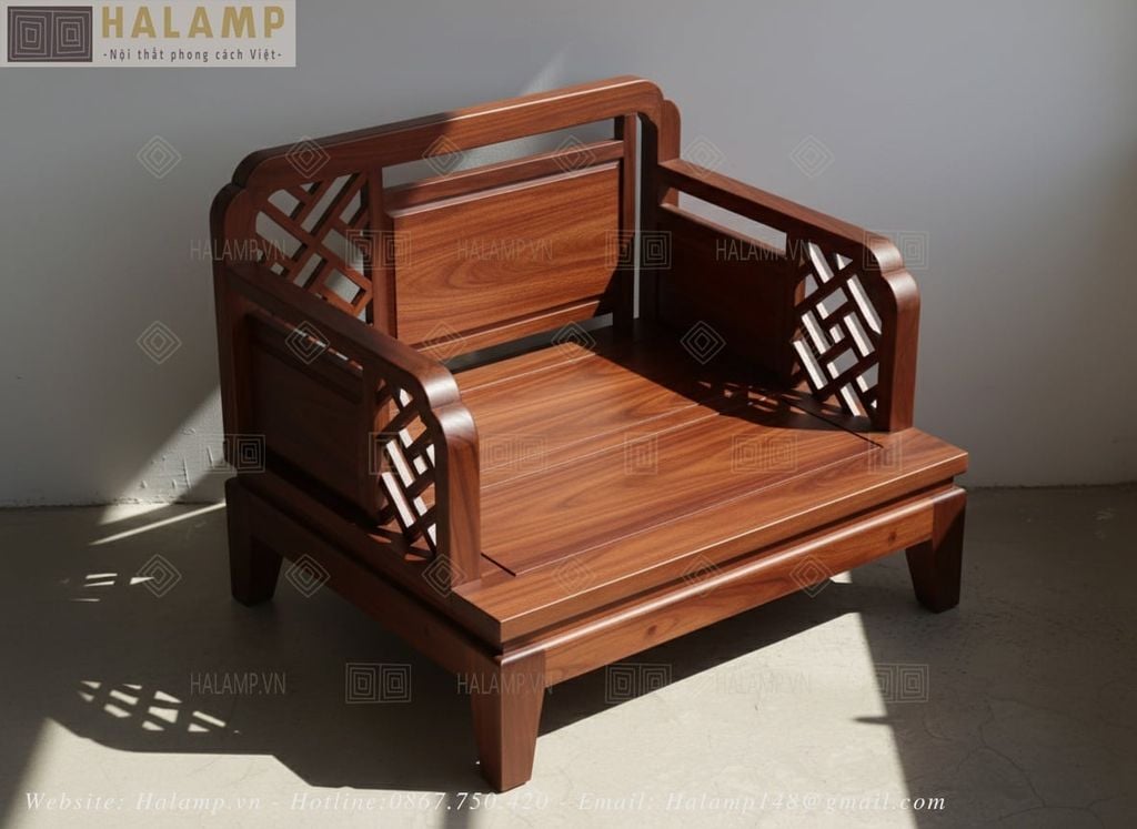 Sofa ghế đơn gỗ Việt và bàn trà truyền thống