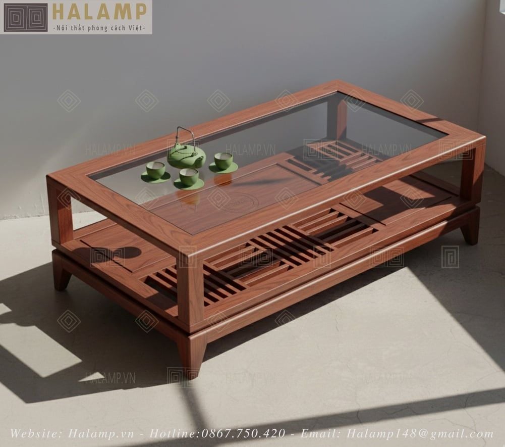 Bàn trà mặt kính bộ sofa gỗ Việt