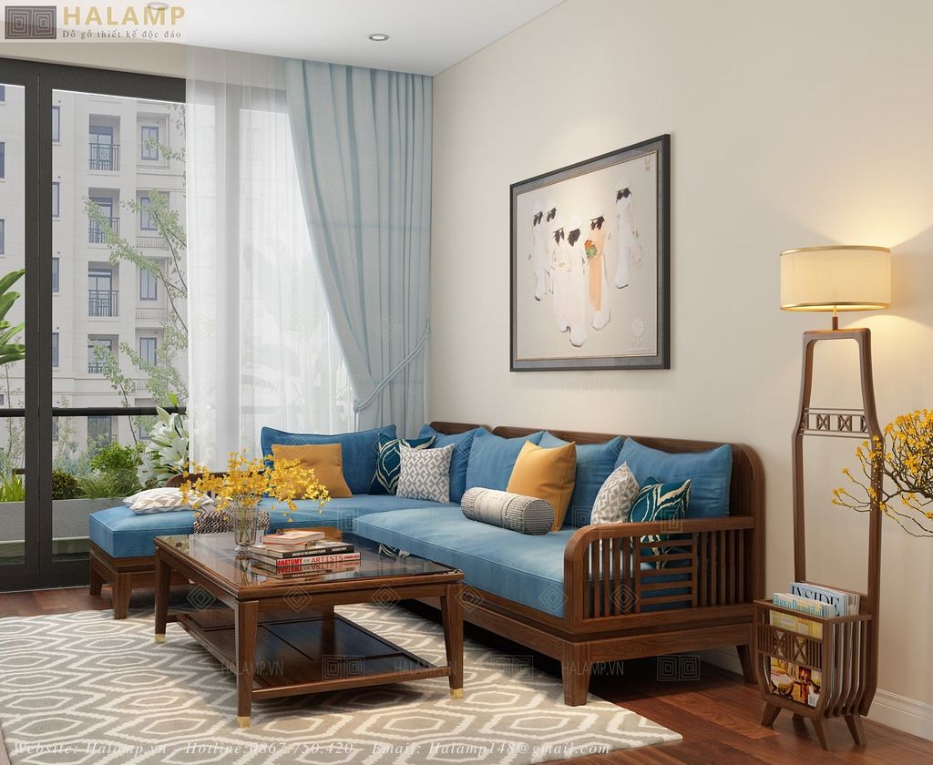 Bộ sofa góc gỗ Việt trong phòng khách chung cư