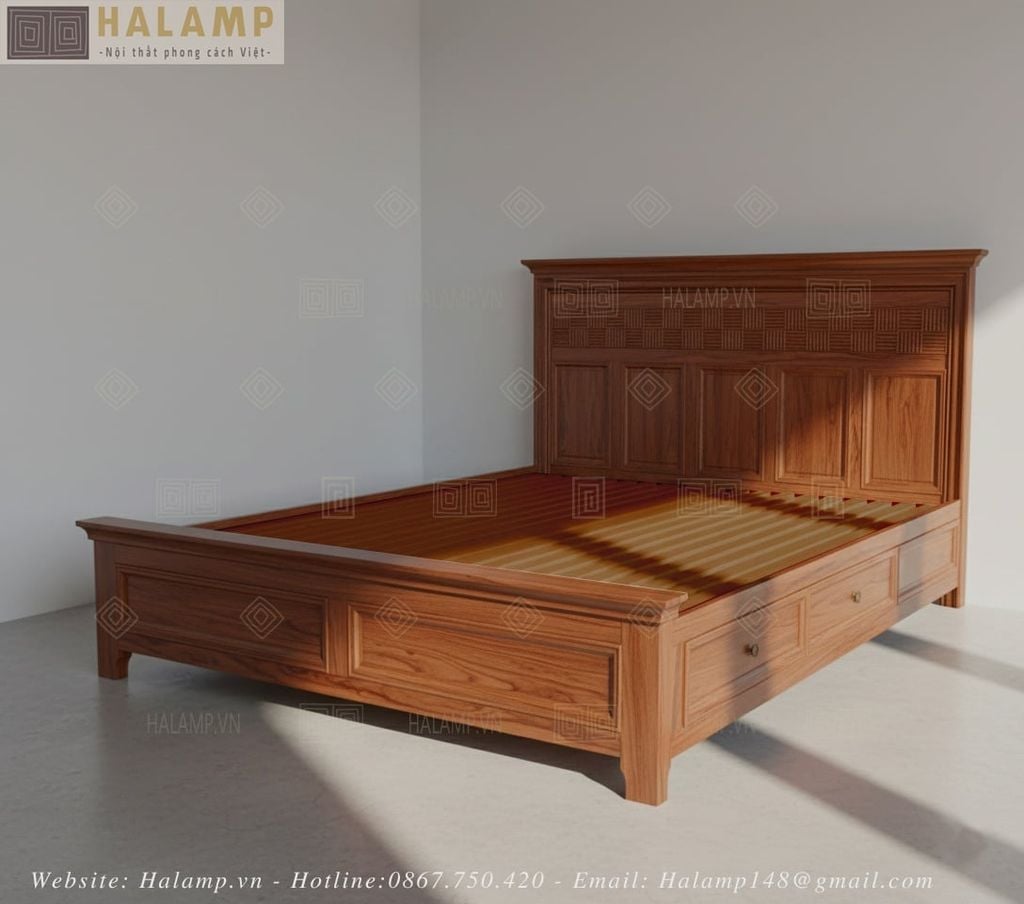 Mẫu thi công giường ngủ gỗ tự nhiên nhà phố