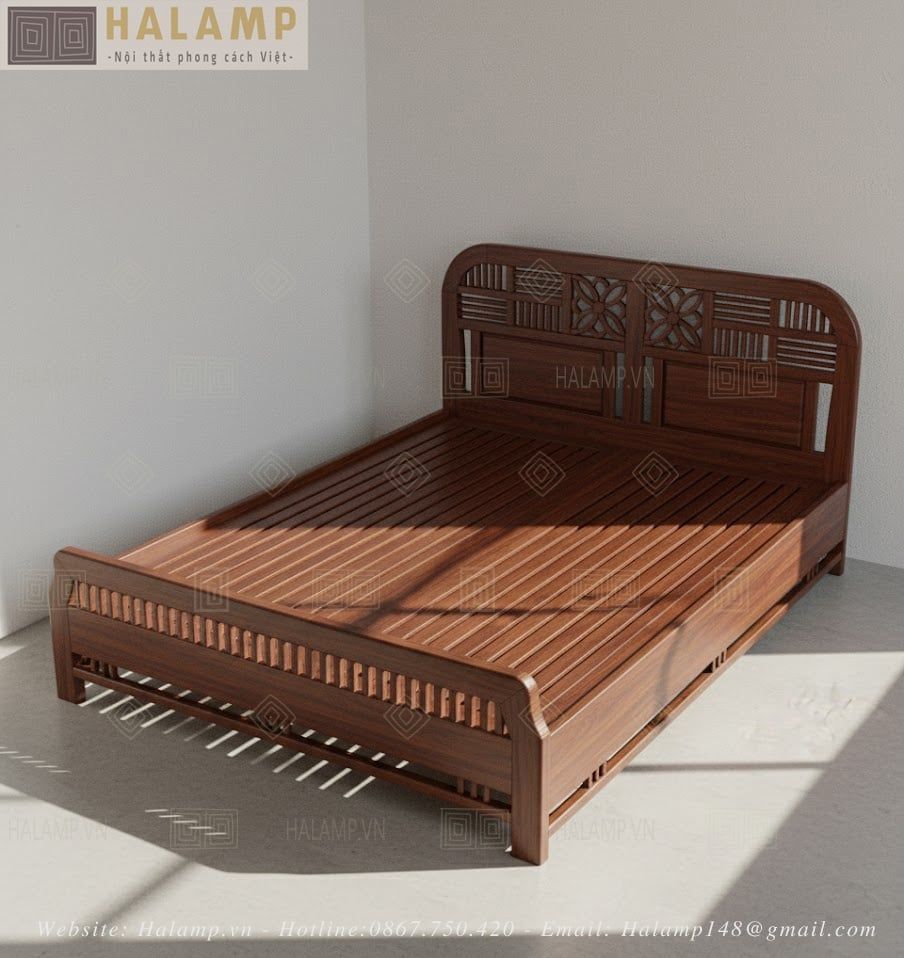 Mẫu giường ngủ gỗ tự nhiên 1m6 nội thất Halamp