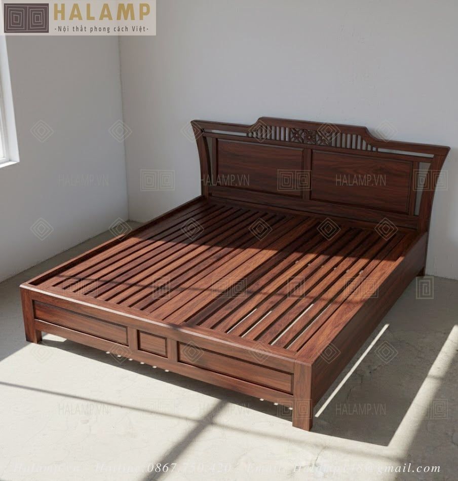 Mẫu giường ngủ gỗ tự nhiên 1m8 nội thất Halamp