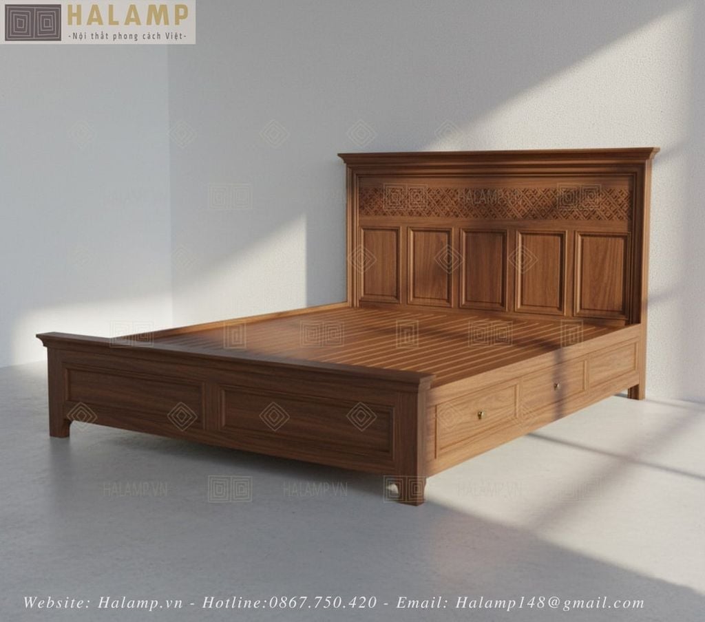 Mẫu thi công giường ngủ gỗ tự nhiên nhà phố