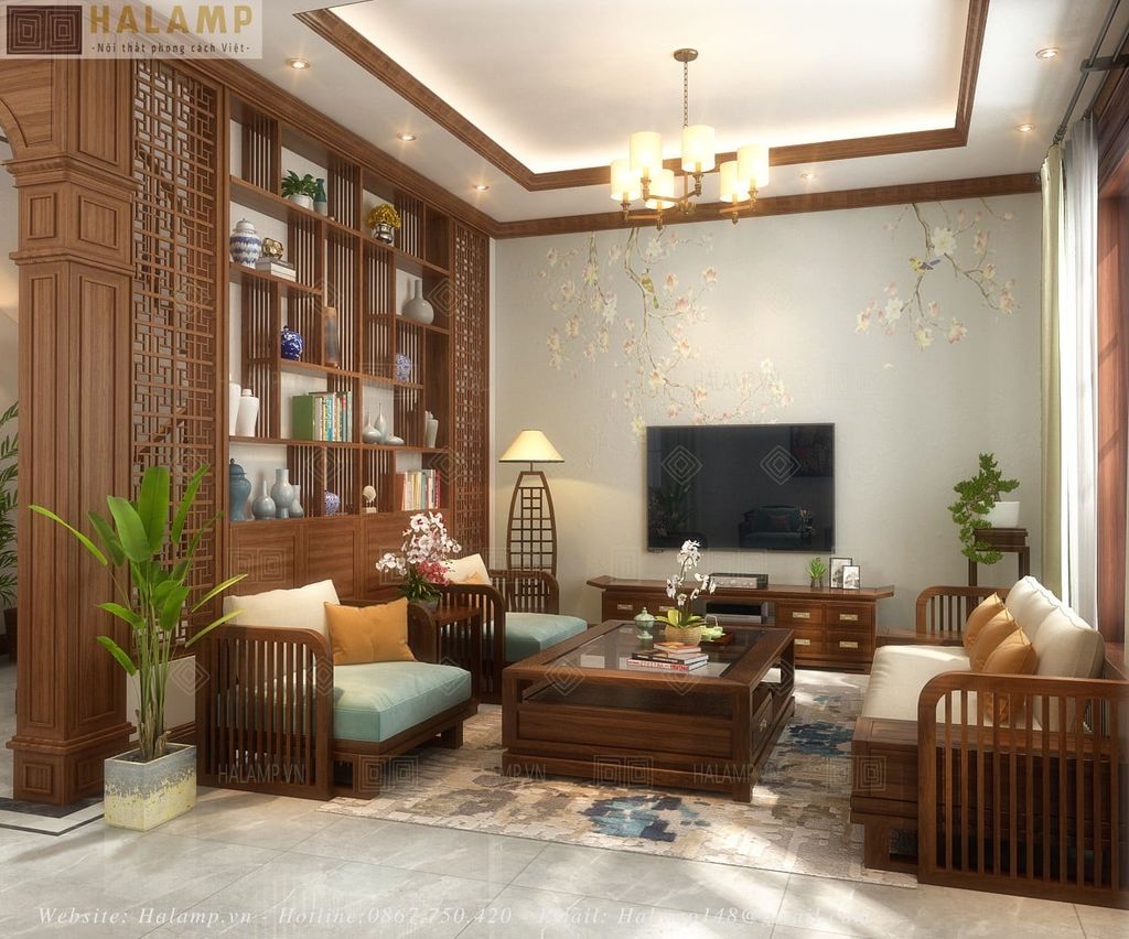 Thiết kế phòng khách sử dụng bộ sofa gỗ Việt