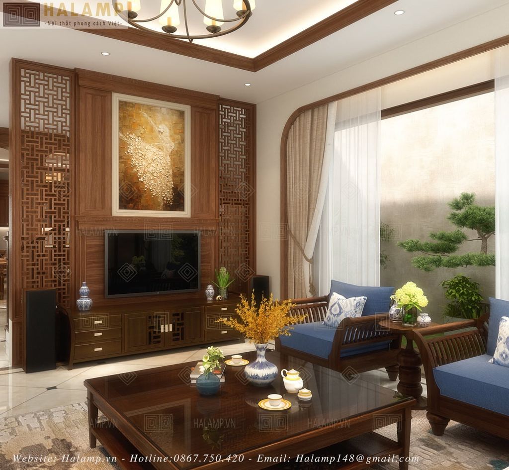 Thiết kế phòng khách sử dụng bộ kệ ti vi phong cách grandbois