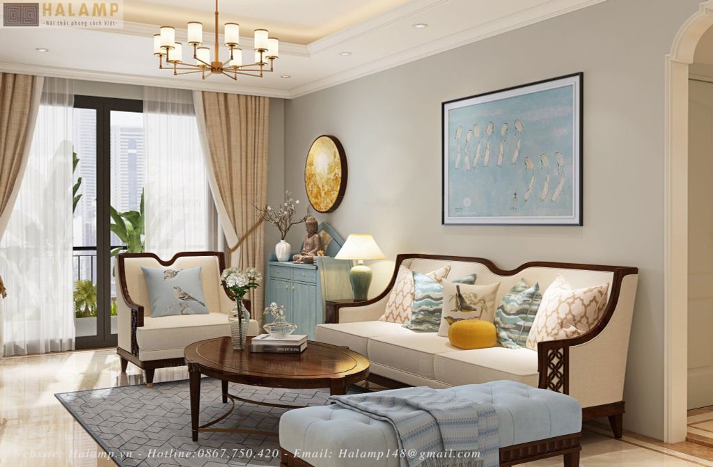 Mẫu sofa khung gỗ bọc vải phong cách indochine sang trọng