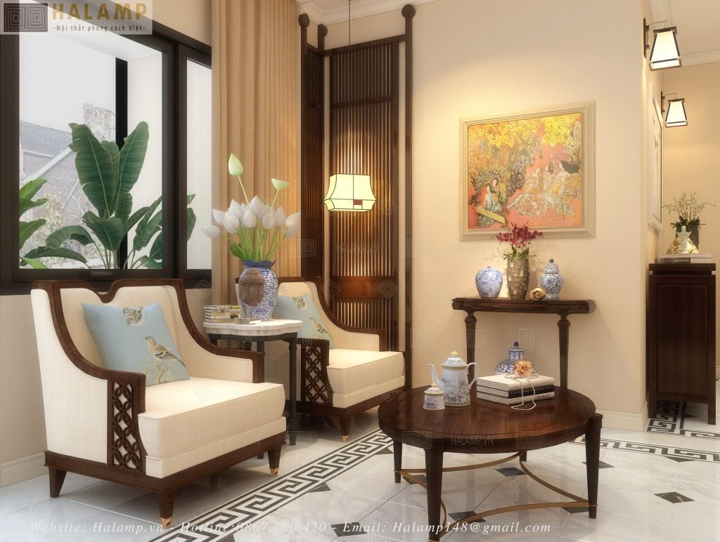 Mẫu sofa khung gỗ bọc vải phong cách indochine sang trọng