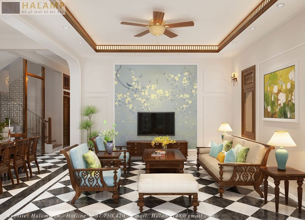 Mẫu sofa gỗ chân tiện phong cách indochine tại Halamp