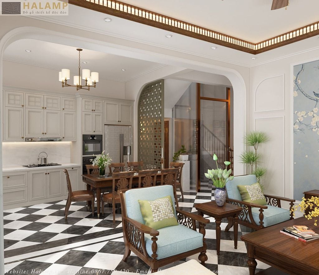 Mẫu sofa gỗ chân tiện phong cách indochine tại Halamp